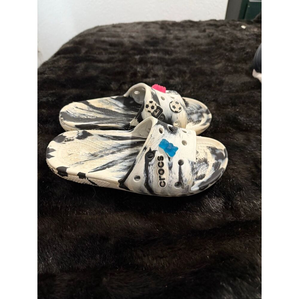 Crocs Classic Marbled Slide Sandals Clog Tie Dye White Black shoes 9